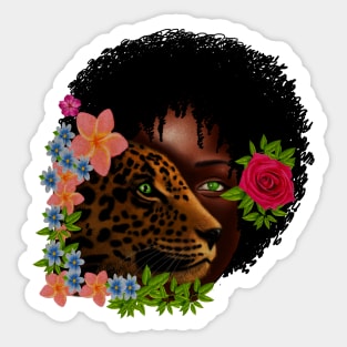 Afro African Woman with Leopard, Tropical Floral Sticker